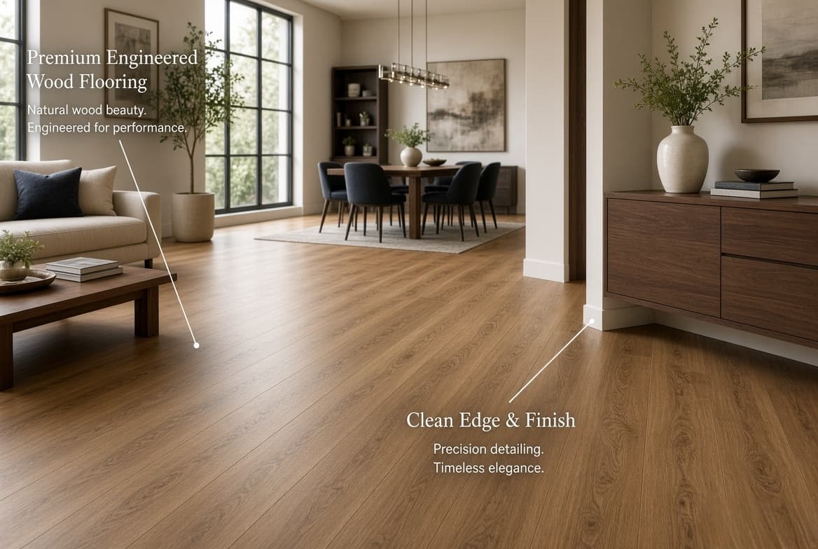 Engineered wood flooring laid through an open-plan living and dining room