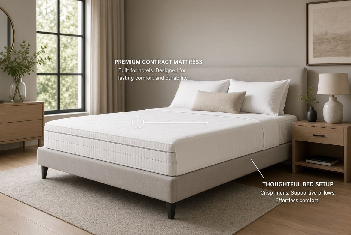 A contract mattress on a low upholstered base, made up in white linen — the build hotels order for daily turnover
