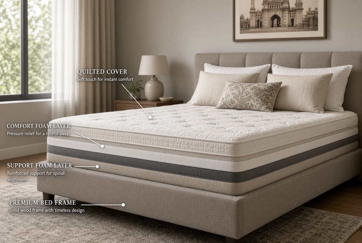 A quilted mattress on a bed frame, showing the comfort and support foam layers
