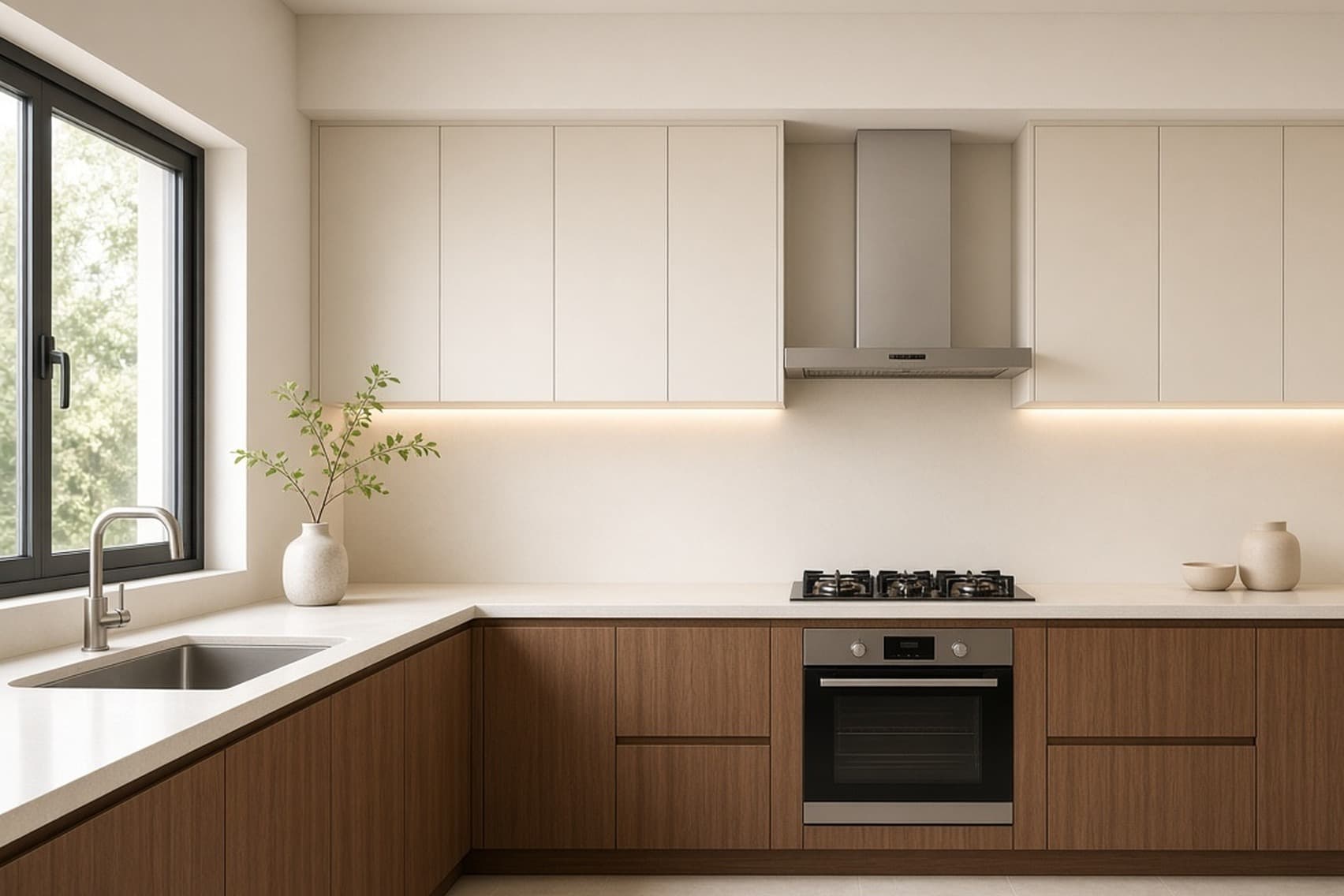 An L-shaped modular kitchen with handleless wall units, walnut base units and a quartz worktop, the sink set under the window and the chimney duct boxed into the loft above the units