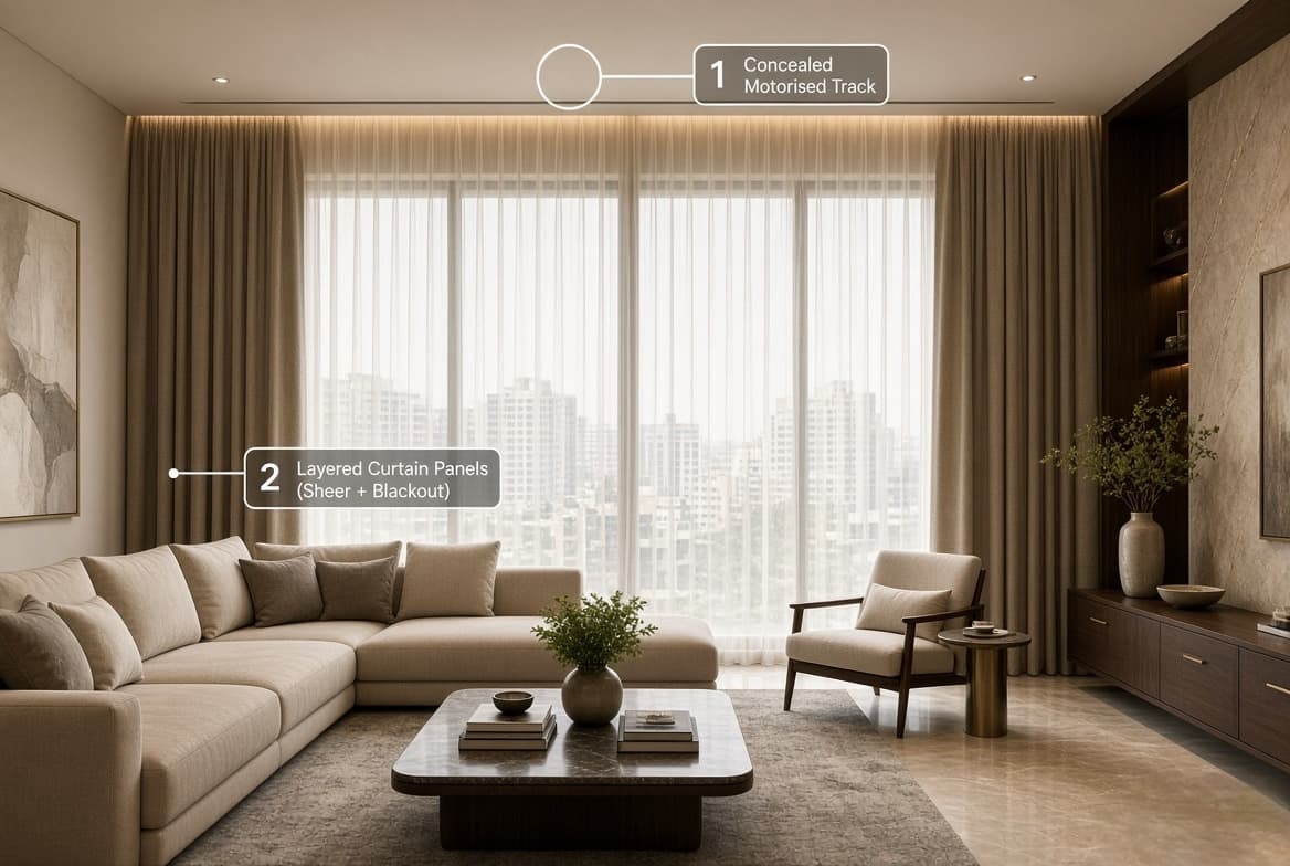 A living room wall of glass with sheer and blackout curtains on a concealed motorised track