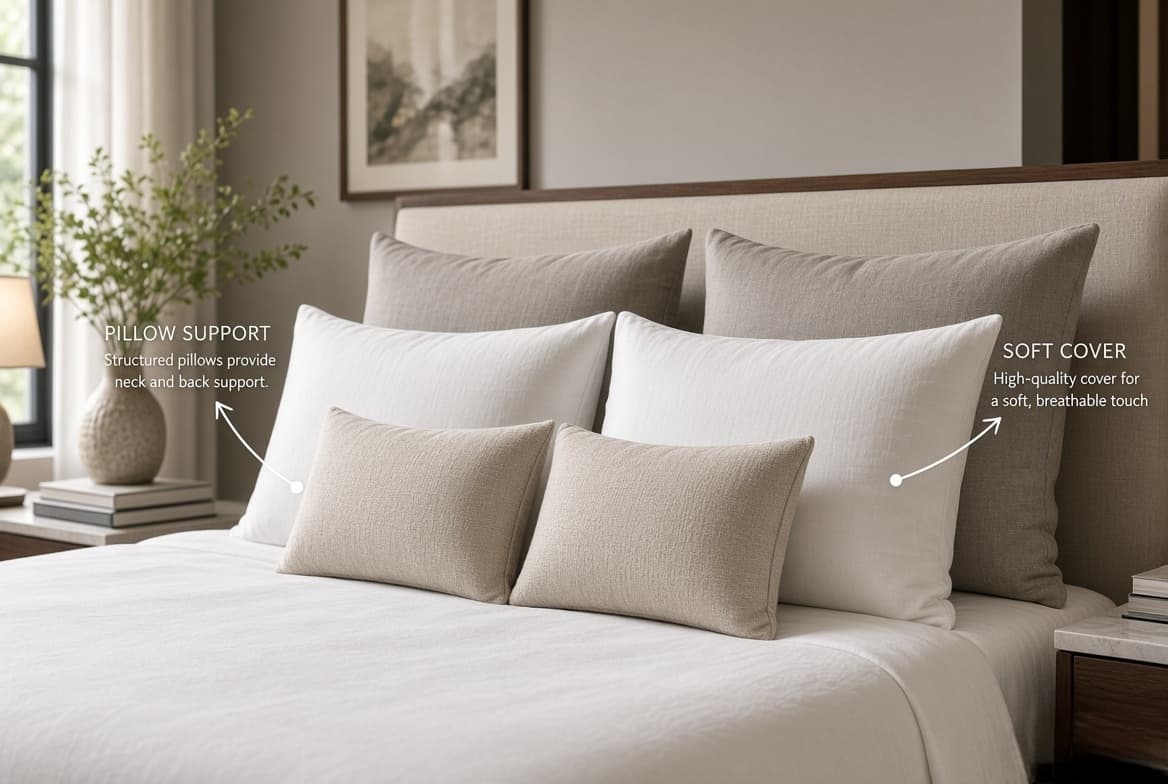 Pillows and cushions layered against an upholstered headboard