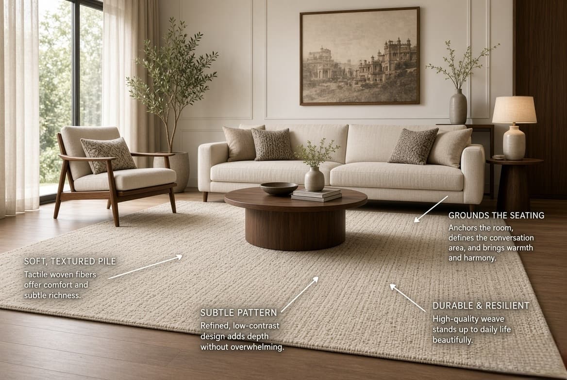 A large rug grounding a sofa and chairs in a tiled living room