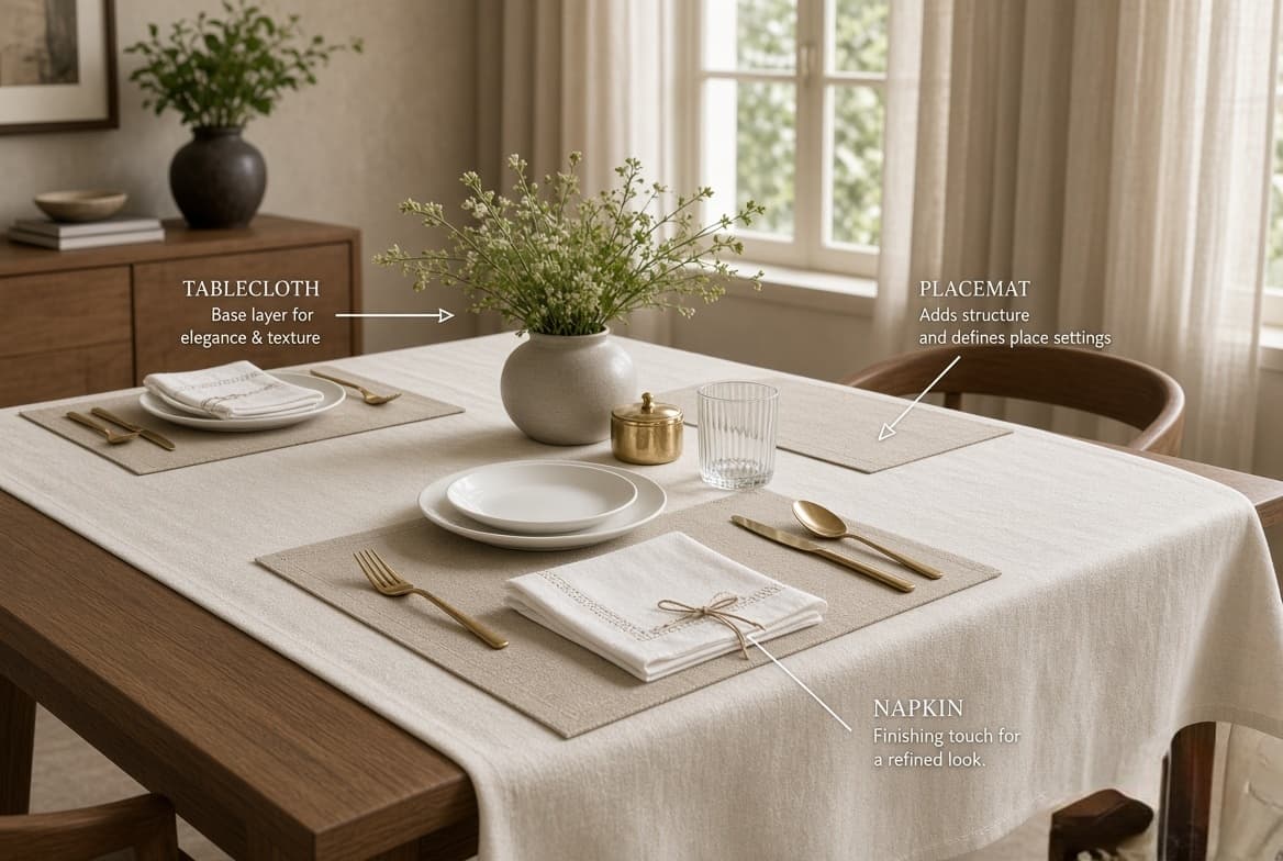 A dining table laid with a tablecloth, placemats and napkins