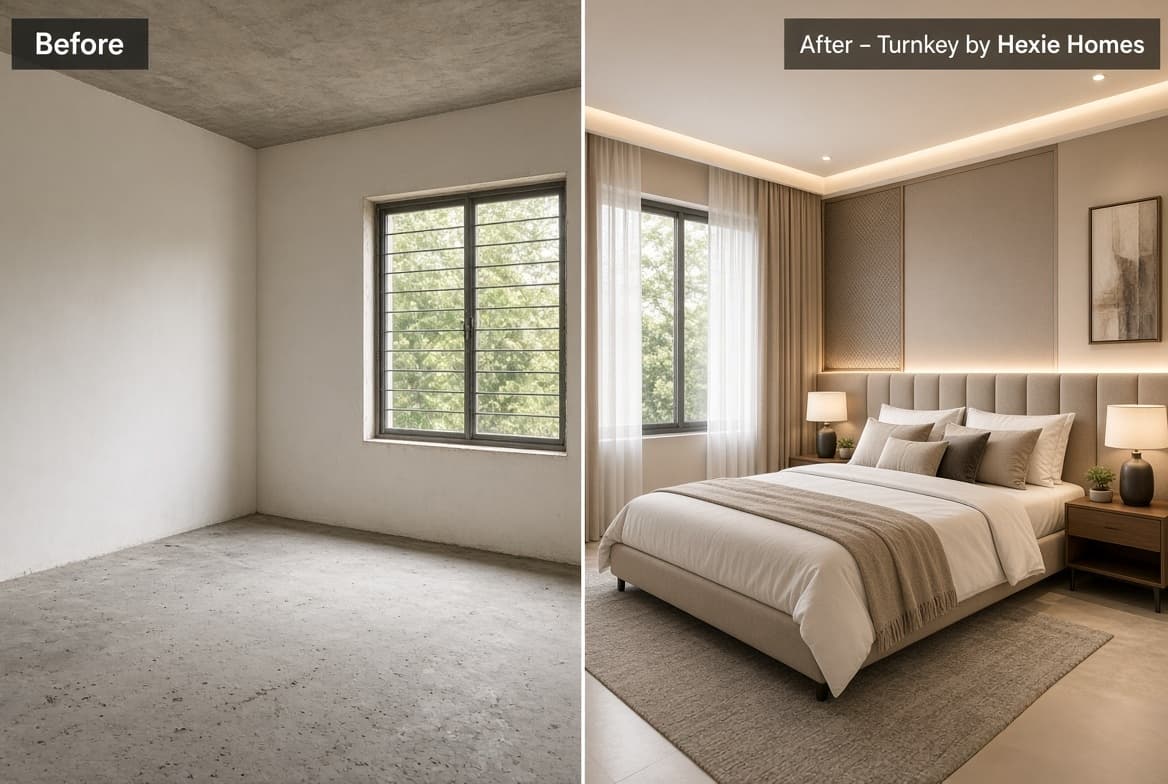 A bedroom before and after a turnkey fit-out — bare plaster and a concrete floor on one side, and on the other the same room with a false ceiling, cove lighting, panelling, curtains, flooring and a made-up bed