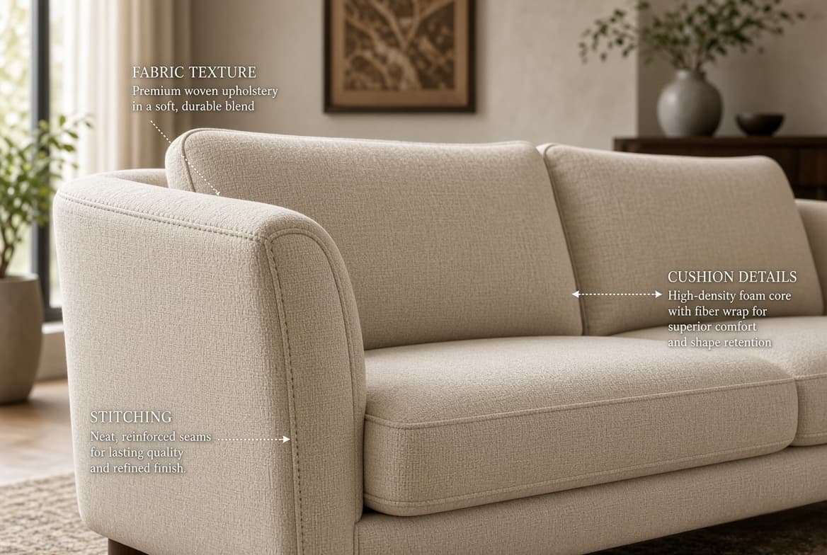 A sofa recovered in a woven upholstery fabric, showing the stitching and the cushion fill
