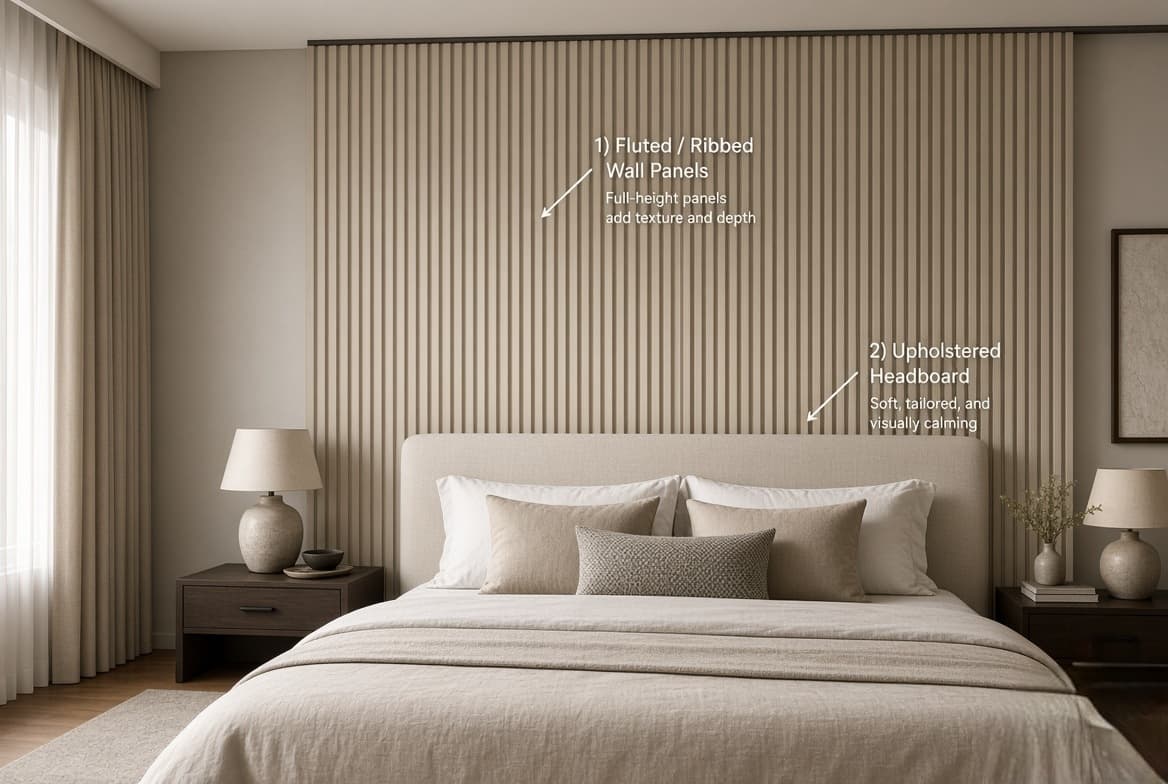 Full-height fluted wall panelling behind a bed, running into an upholstered headboard