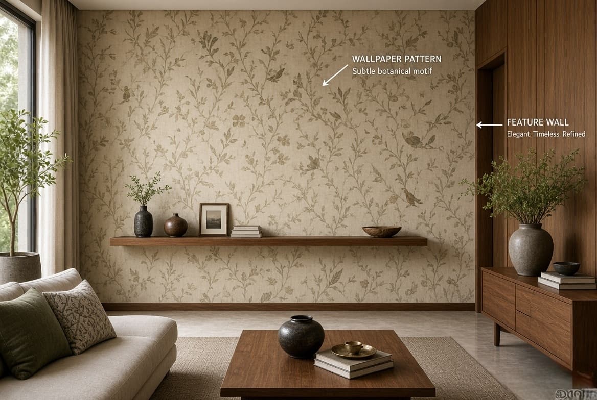 A botanical wallpaper feature wall behind a living room console