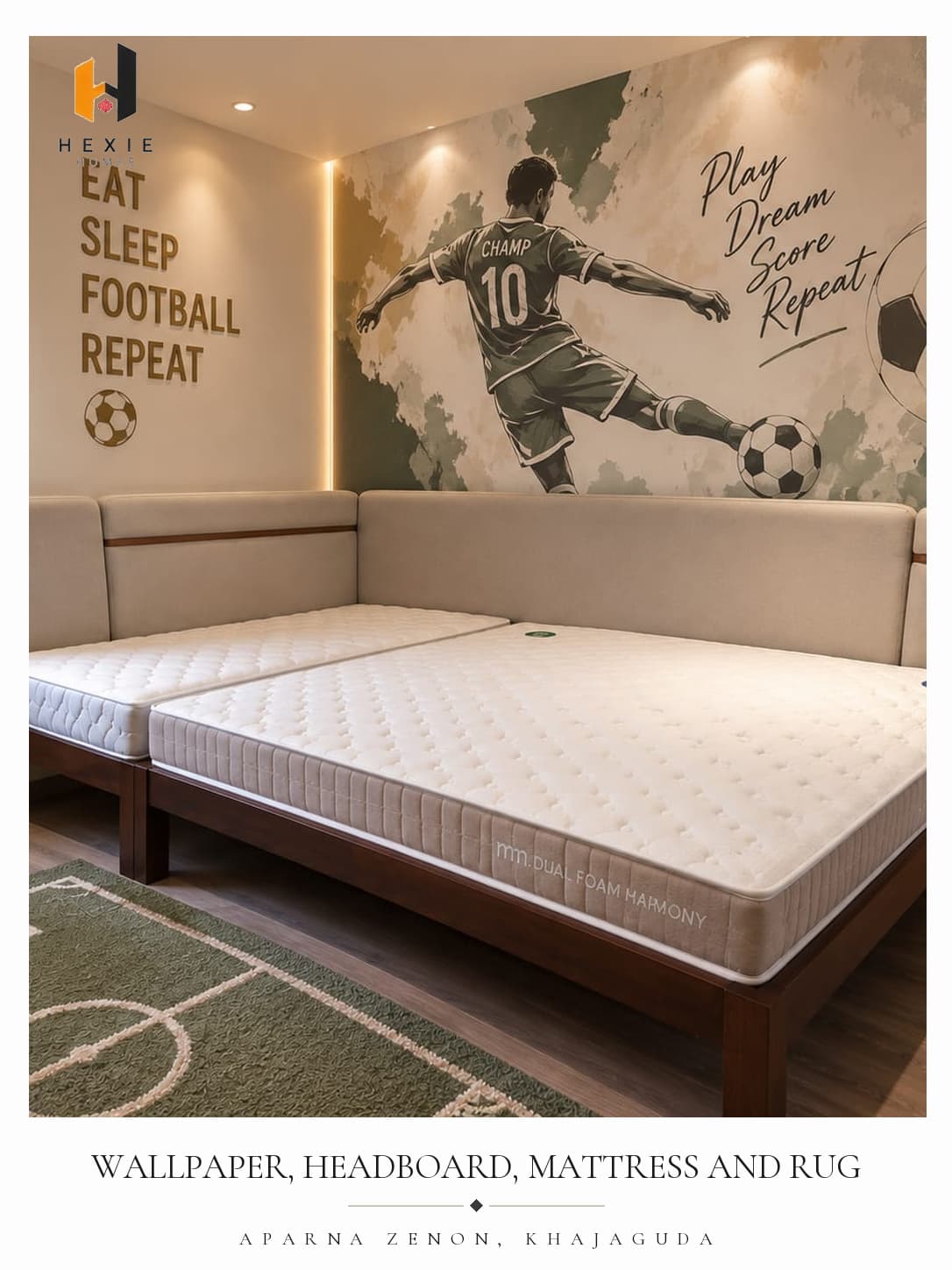 Wallpaper, headboard, mattress and rug — Aparna Zenon, Khajaguda, Hyderabad