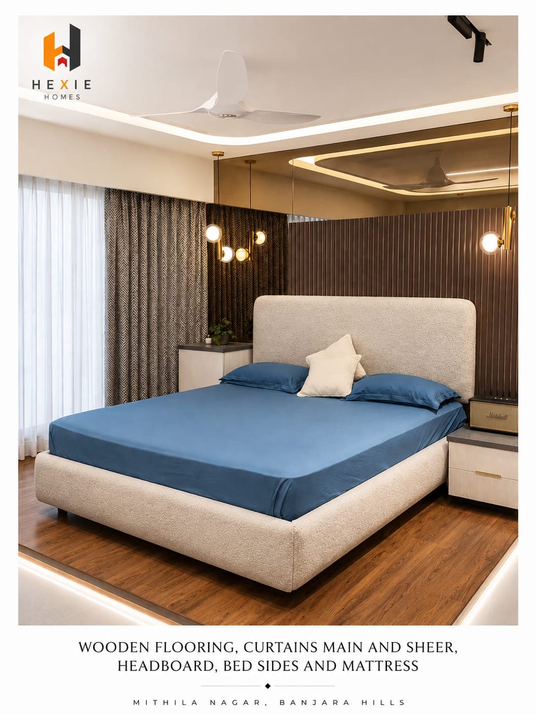 Wooden flooring, curtains main and sheer, headboard, bed sides and mattress — Mithila Nagar, Banjara Hills, Hyderabad