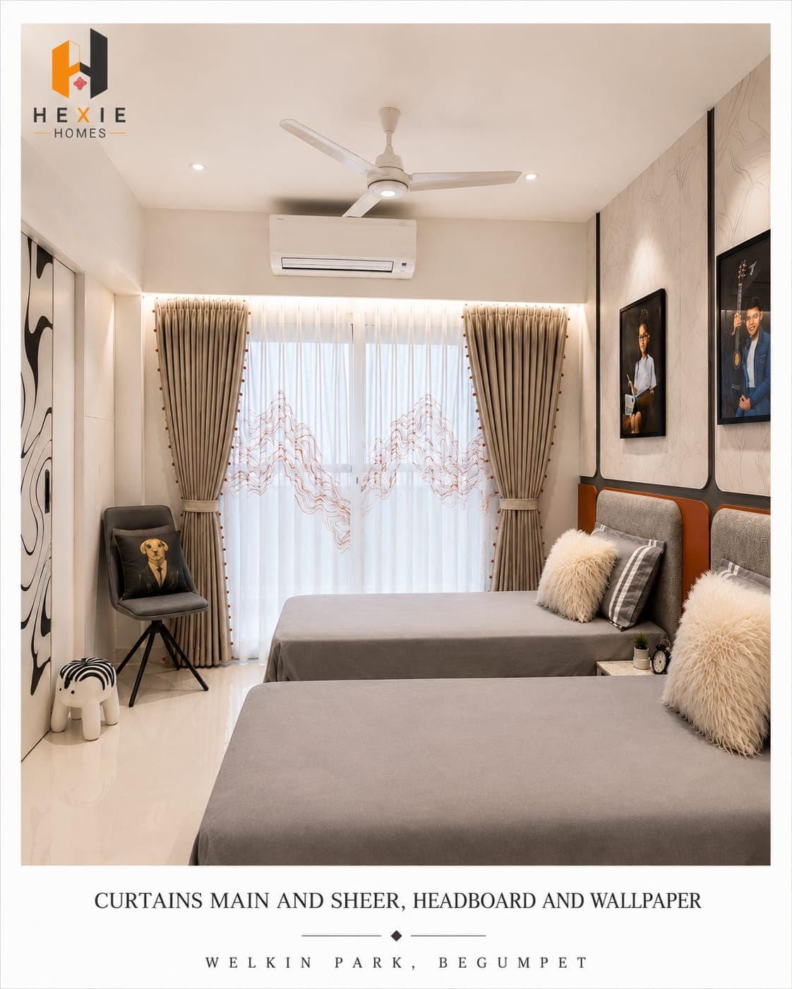 Curtains main and sheer, headboard and wallpaper — Welkin Park, Begumpet, Hyderabad