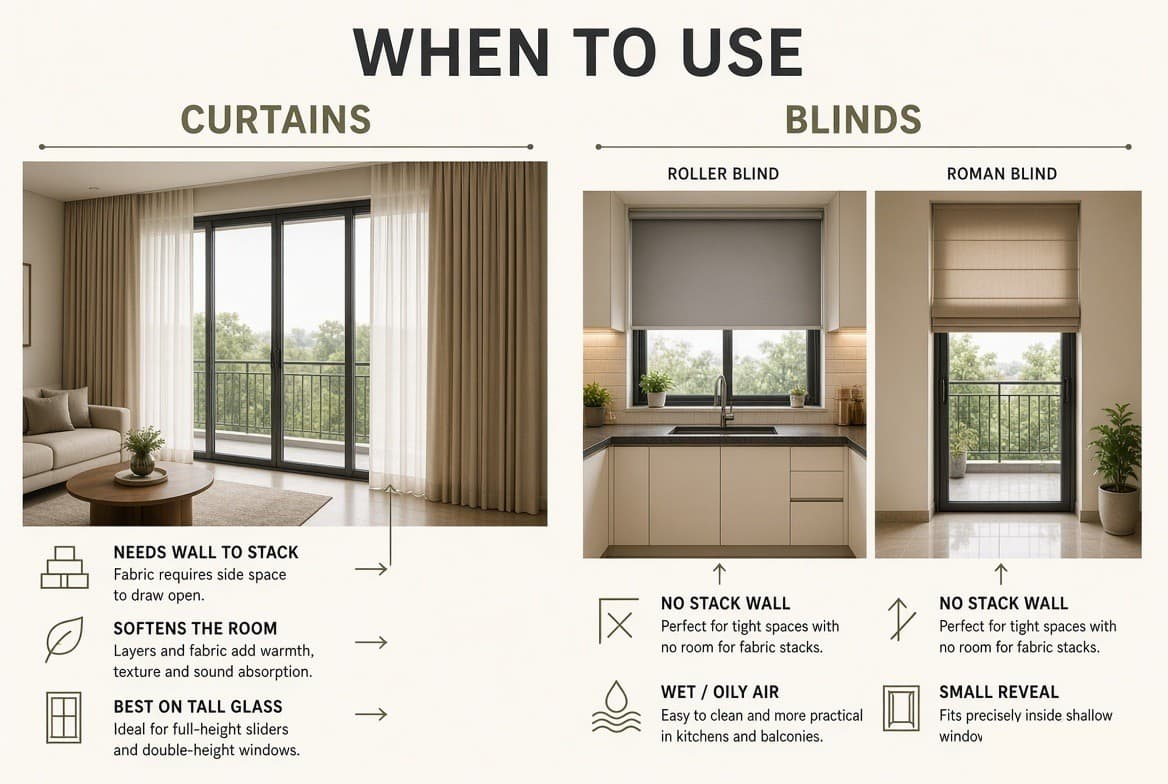 A comparison of curtains and blinds — curtains needing wall to stack into and suiting tall glass, blinds sitting inside the reveal for tight openings, kitchens and wet balconies