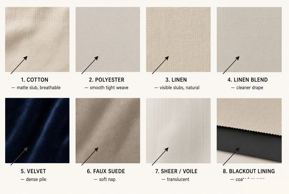 Eight curtain fabrics laid side by side and labelled — cotton, polyester, linen, linen blend, velvet, faux suede, sheer voile and blackout lining