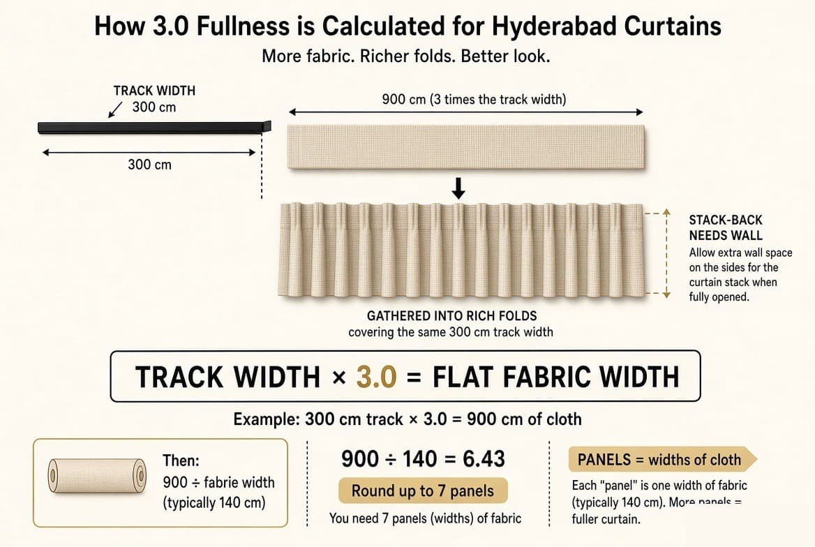 A diagram showing track width multiplied by three to give the flat fabric width — a 300 cm track needs 900 cm of cloth, which at 140 cm wide is 6.43, rounded up to seven panels