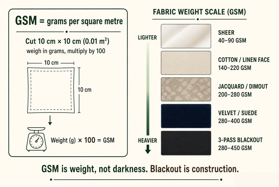How to measure GSM — cut a 10 cm square, weigh it in grams and multiply by 100 — beside a scale of typical fabric weights from sheer at 40 to 90 GSM up to three-pass blackout lining at 280 to 450