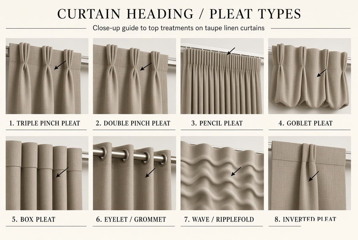 Eight curtain headings shown close up on taupe linen — triple pinch, double pinch, pencil, goblet, box, eyelet, wave and inverted pleat
