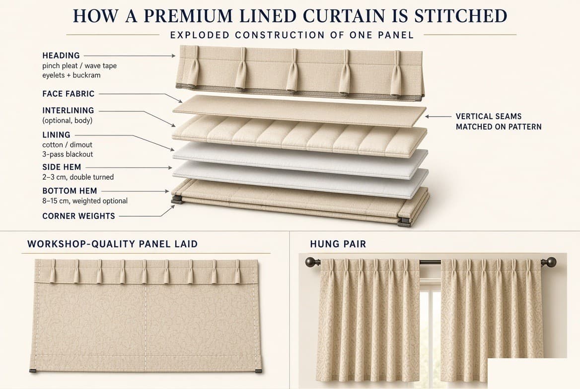 An exploded view of one curtain panel — heading tape and buckram, face fabric, optional interlining, lining, double-turned side hems, a deep bottom hem and corner weights