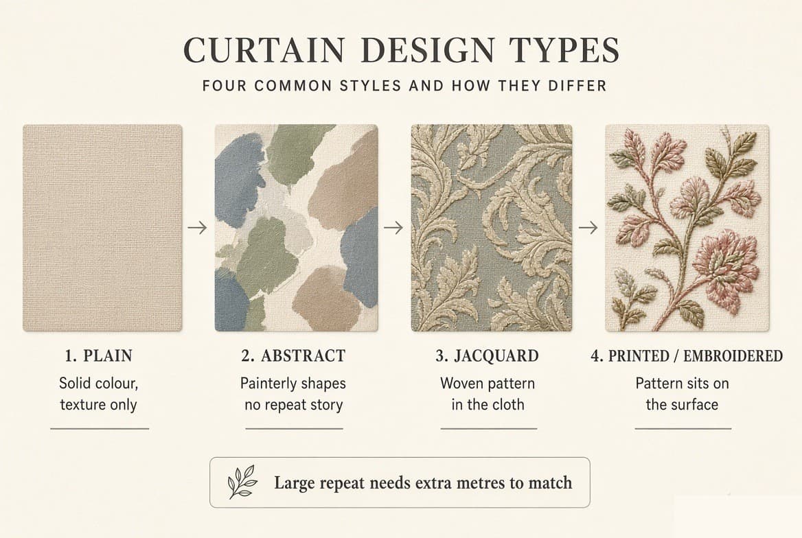 Four cloths compared — a plain where the weave is the interest, an abstract with painterly shapes, a woven jacquard, and a printed and embroidered surface pattern