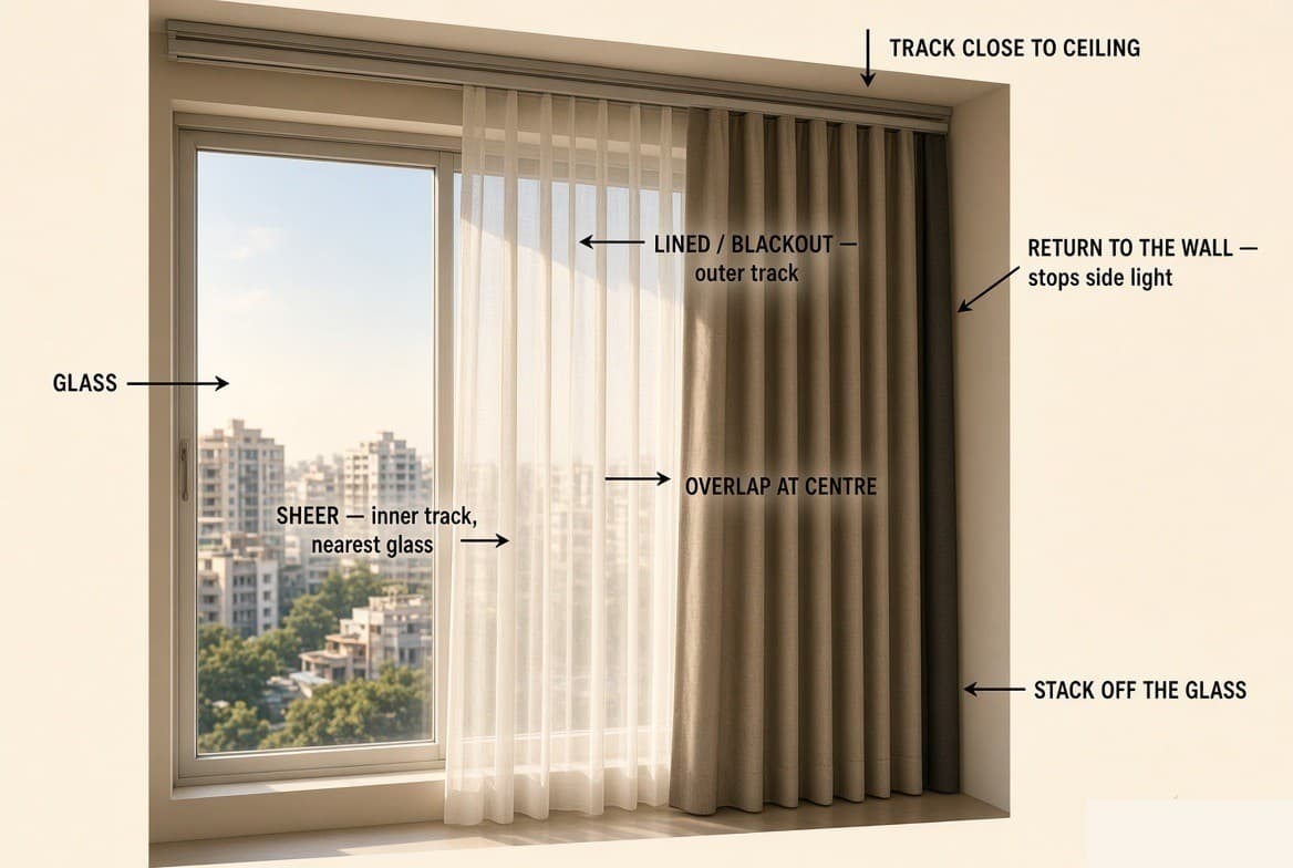 A window with a sheer on the inner track nearest the glass and a lined curtain on the outer one, the track close to the ceiling, both panels returning to the wall and overlapping at the centre