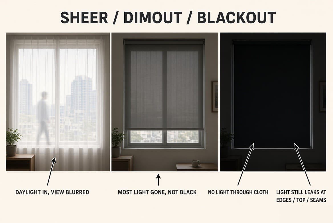 Three windows side by side — a sheer with daylight through it and a blurred figure beyond, a dimout with most of the light gone, and a blackout with light still leaking at the edges