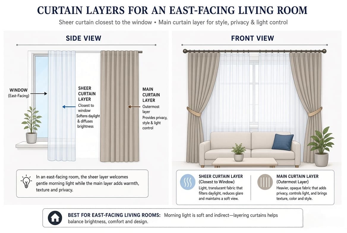 Layered sheer and curtain system for east light