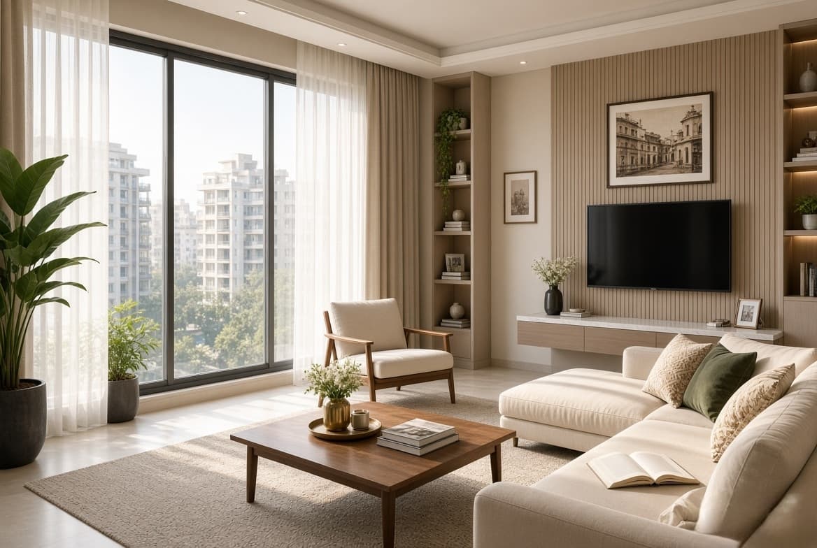 East-facing living room with controlled morning light