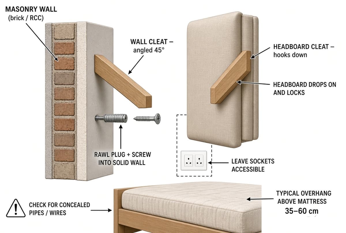 A French cleat on a masonry wall — the wall batten angled at 45 degrees and fixed with rawl plugs into solid brick or RCC, the matching cleat on the back of the headboard hooking down over it, with a note to check for concealed pipes and to leave the sockets reachable