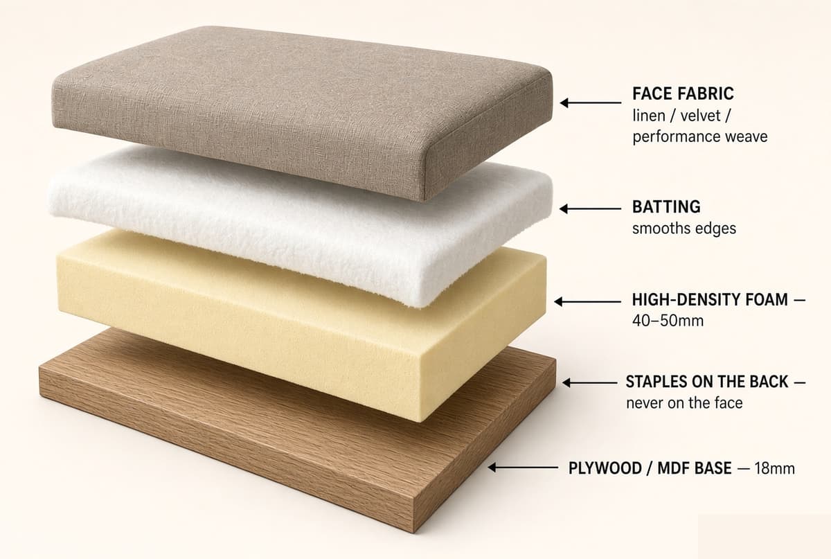 An exploded view of an upholstered headboard — 18 mm plywood or MDF base, 40 to 50 mm high-density foam, a layer of batting, and the face fabric, with the staples on the reverse and never on the face