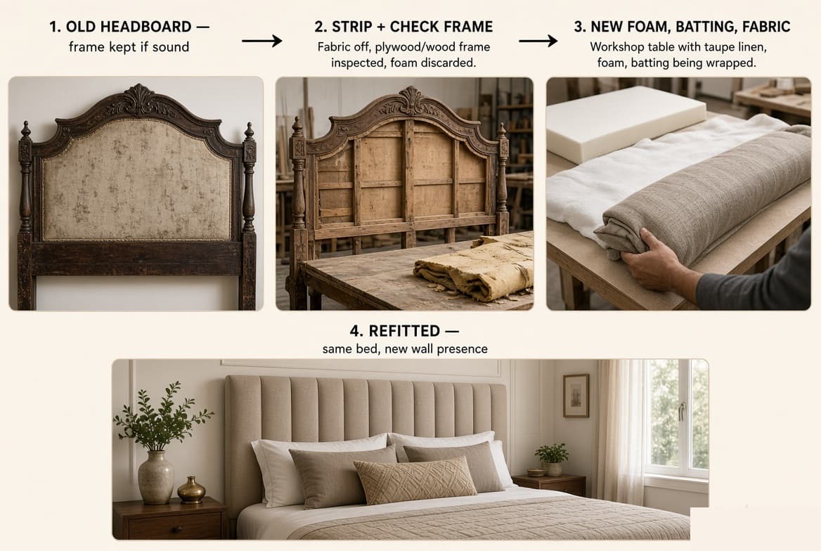 Four stages of recovering an old headboard — the original carved piece with its frame kept, the fabric stripped and the plywood inspected, new foam and batting wrapped and a taupe linen going on, and the finished piece refitted to the same bed