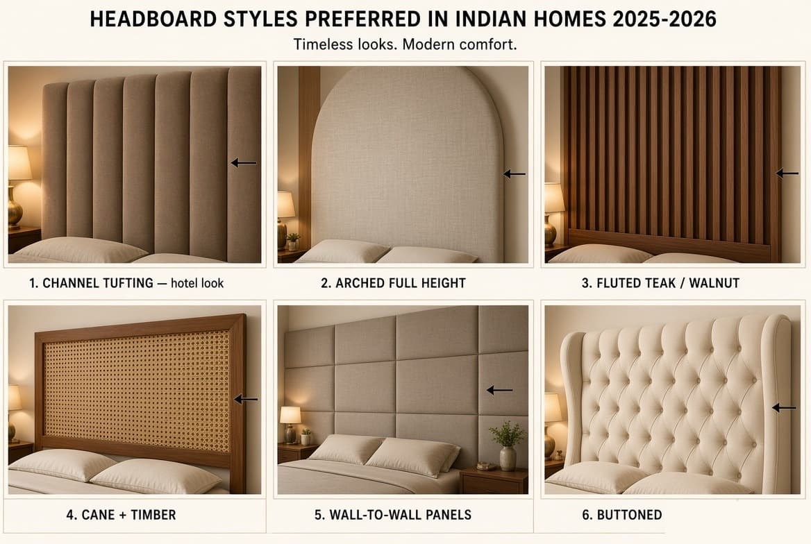 Six headboard styles shown side by side and labelled — vertical channel tufting, an arched full-height panel, fluted teak or walnut, cane and rattan in a timber frame, wall-to-wall padded panels, and a buttoned wingback