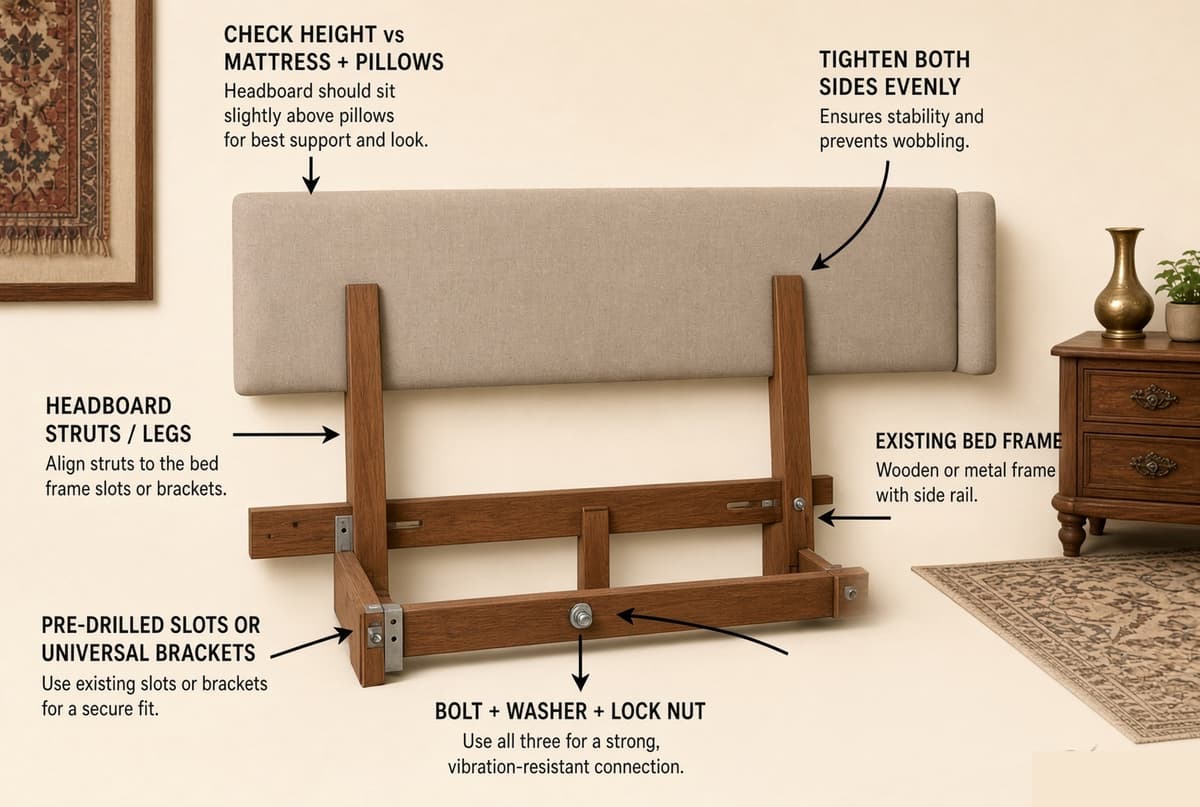 A headboard bolted to an existing wooden bed frame — struts on the headboard aligned with the frame’s pre-drilled slots, and a bolt, washer and lock nut used at each fixing, tightened evenly on both sides