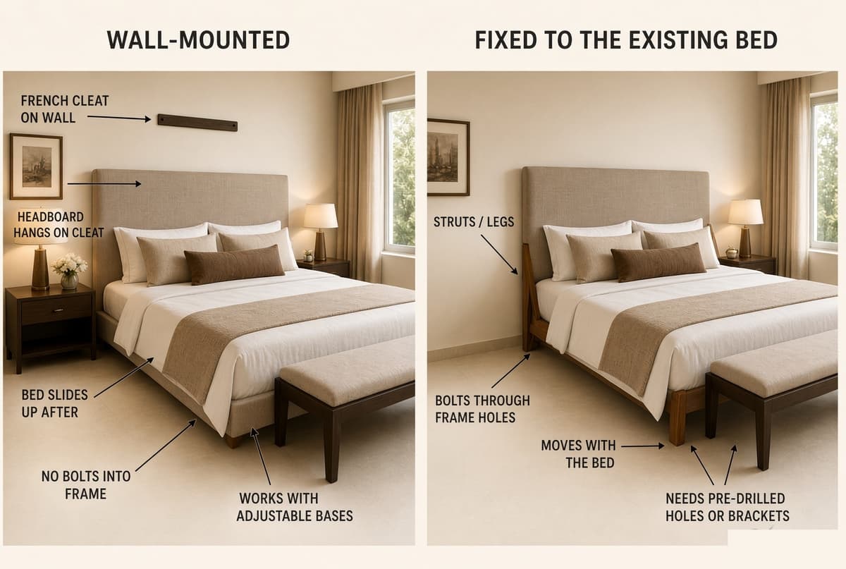 Two bedrooms compared — on the left a wall-hung headboard with the bed slid up to it and no bolts into the frame, on the right a headboard bolted through struts to the existing bed frame so it travels with the bed