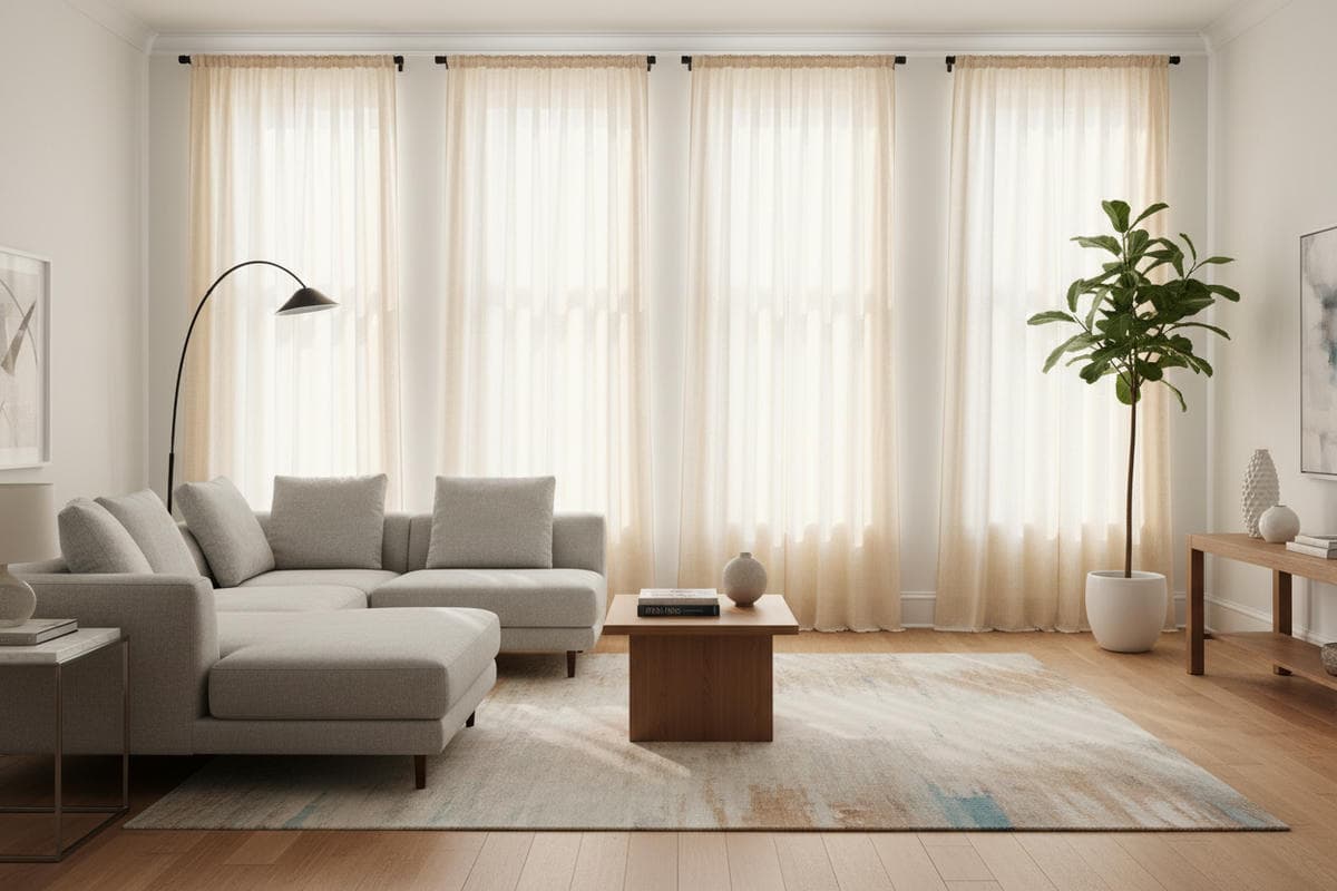 Linen curtains across a wide window, the weave filtering daylight rather than blocking it