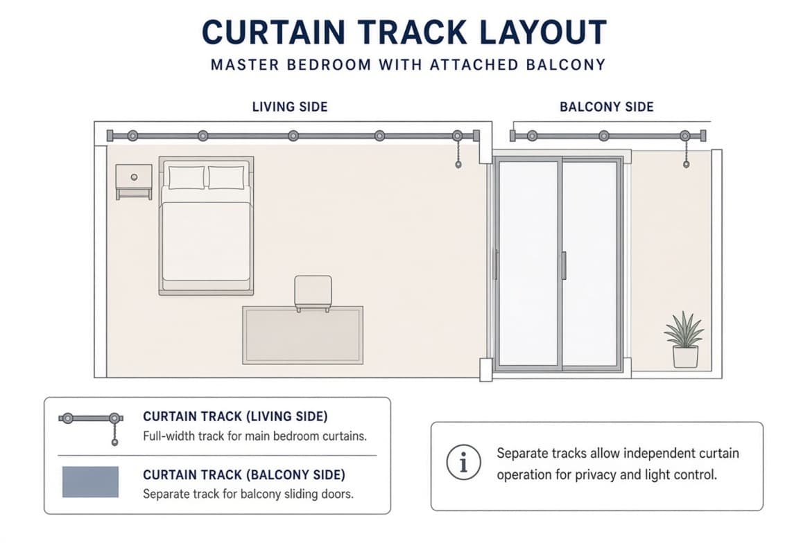 Diagram of track and curtain layout for bedroom + balcony