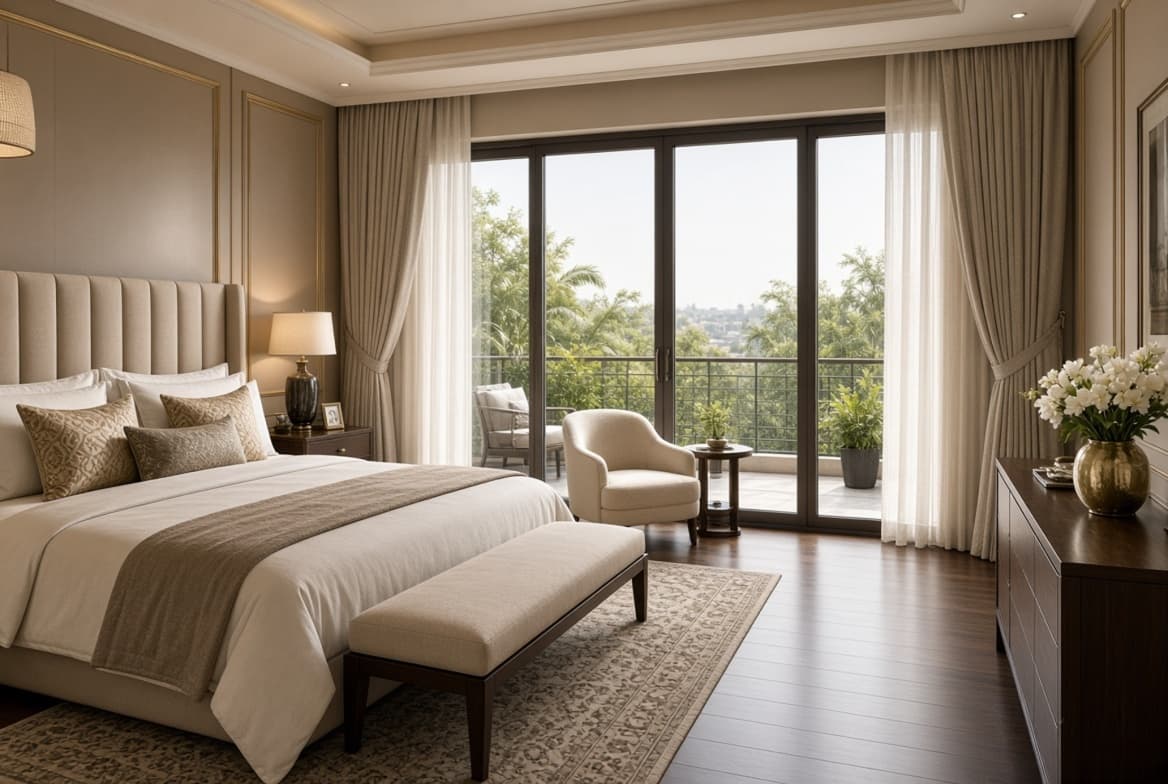 Master bedroom with balcony sliding doors and layered curtains