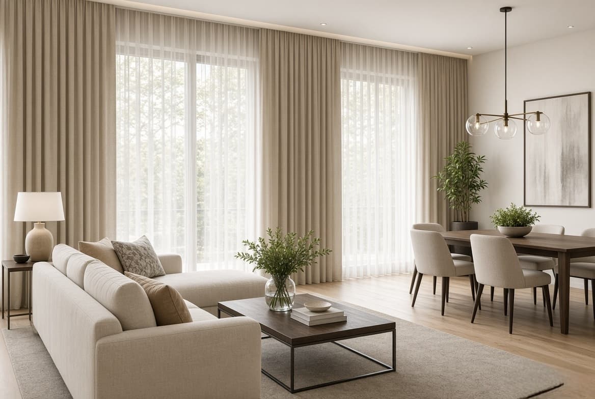 Coordinated sheer and curtain layers across living and dining zones