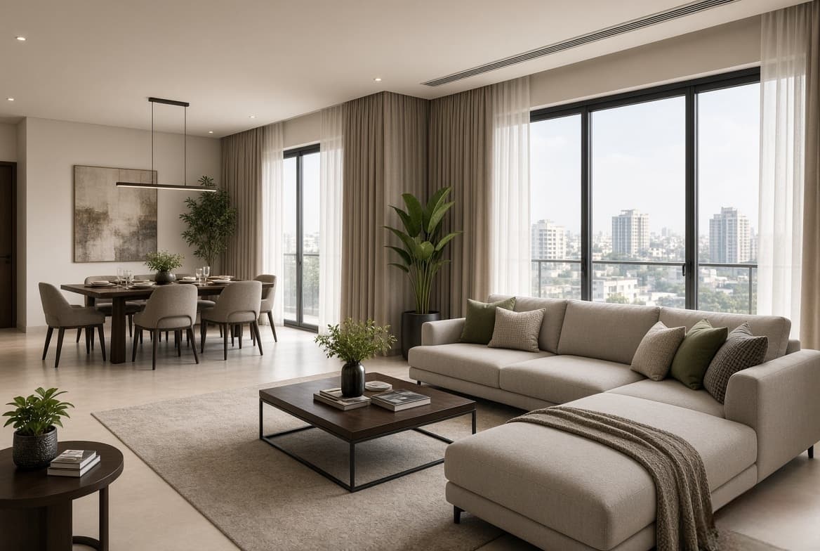 Open-plan living and dining area with coordinated window treatments