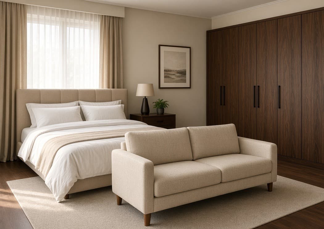 A compact two-seat at the foot of a bed in a master bedroom, with the wardrobe run behind it and floor left in front of the doors