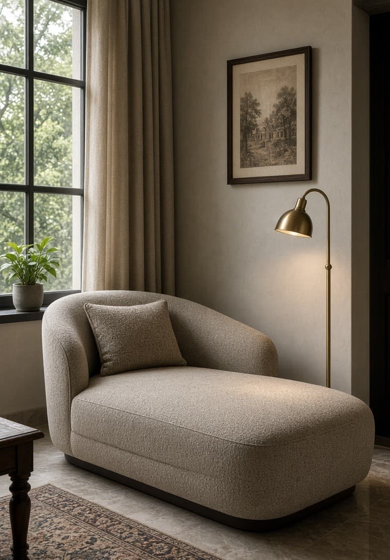 A small curved chaise in a bedroom corner under a wall light, with a cushion on it