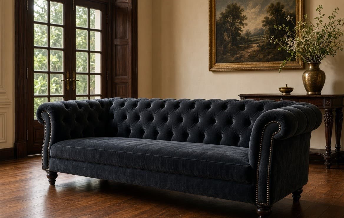 A deep-buttoned Chesterfield in dark cloth, rolled arms and turned front legs, in a room with height to carry it