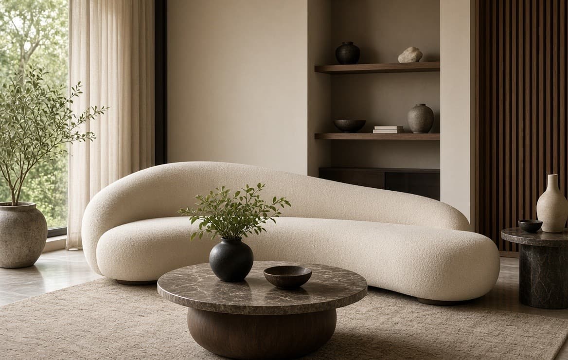 A curved bouclé sofa following the line of the room, with a round low table in front of it