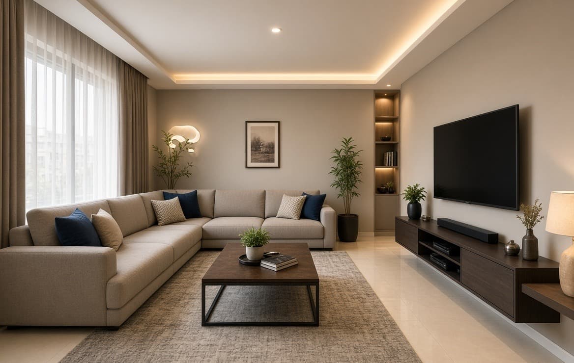 An L-shaped sofa set into the corner of a living room facing the television wall, with the walkway past it left open
