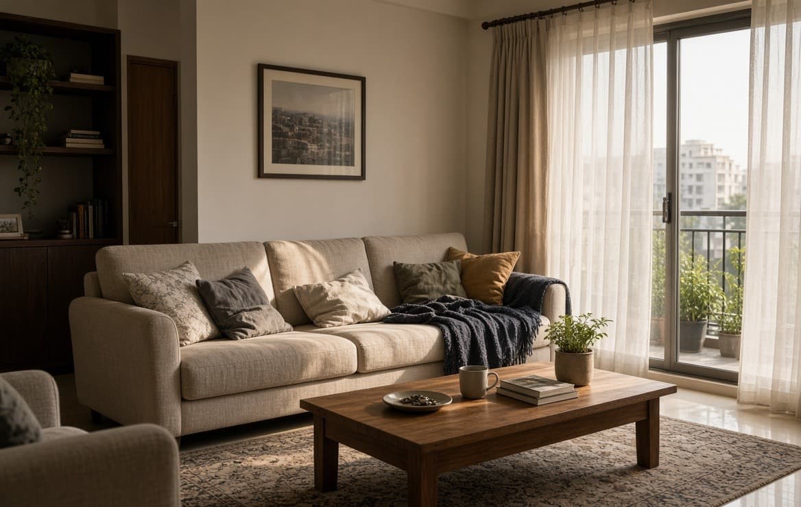 A three-seat sofa along the long wall of a Hyderabad apartment living room, balcony slider to one side, a low table in front and floor left clear to walk past