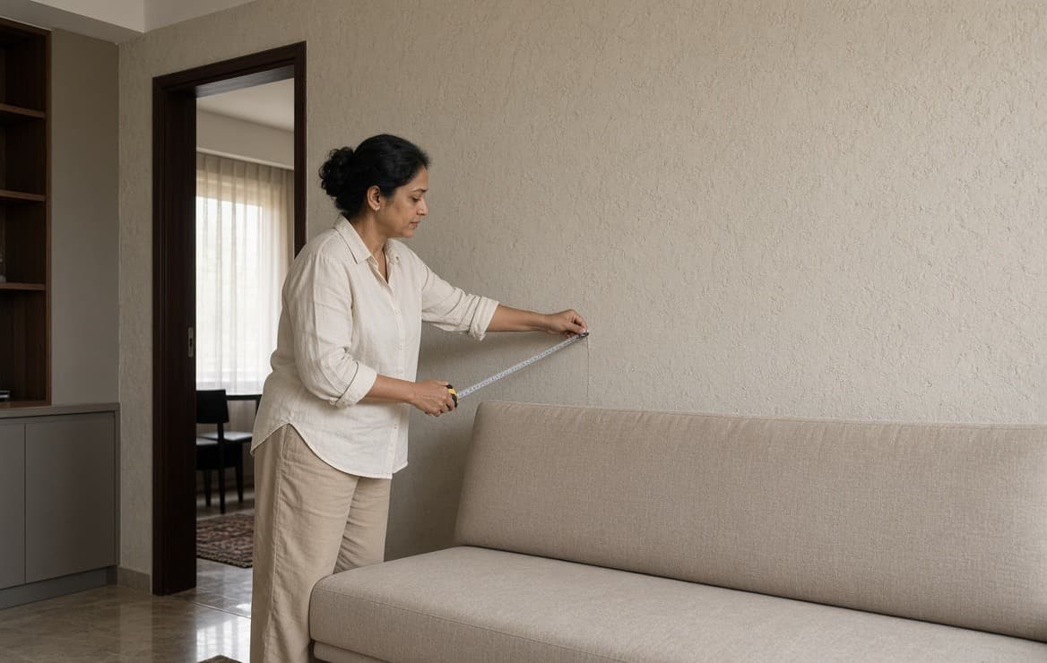 A woman holding a tape measure along the wall above a sofa in an apartment living room, measuring the wall rather than the sofa