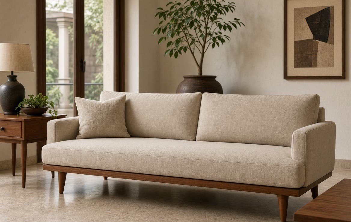 A mid-century three-seat with tapered timber legs standing clear of the floor
