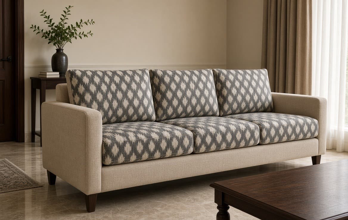 A plain oatmeal three-seat with the seat and back cushions in a grey ikat print, so only the cushions would need recovering to change it