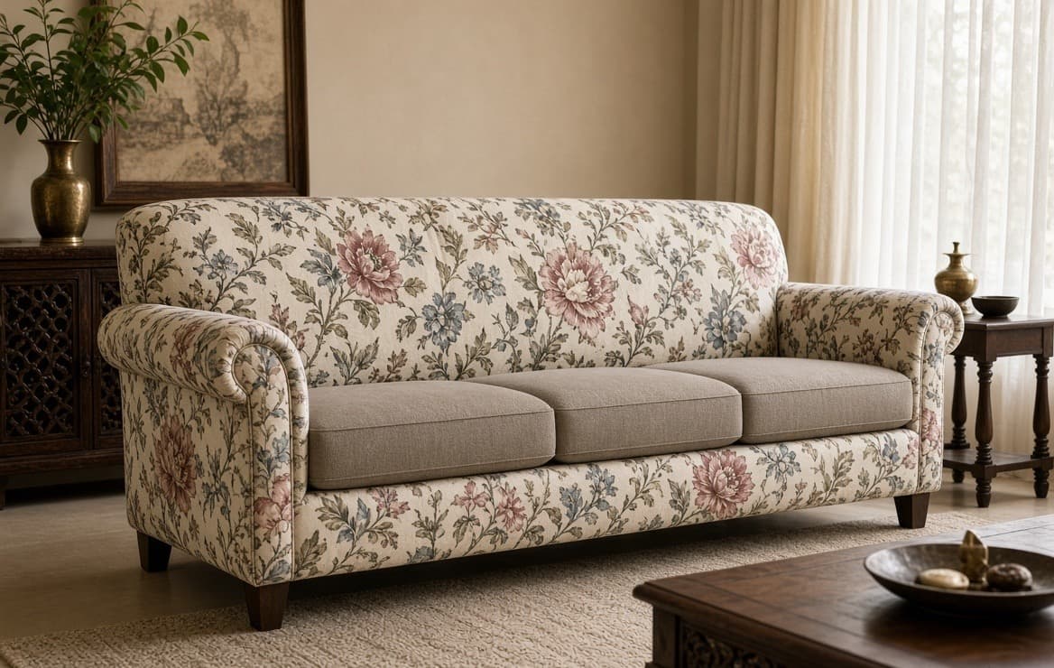 A three-seat in a floral print on the arms, outside back and inside back, with plain oatmeal seat cushions that take the wear