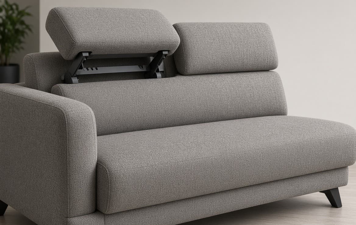 A ratchet headrest clicked up on a grey sofa, the steel mechanism visible behind the cushion