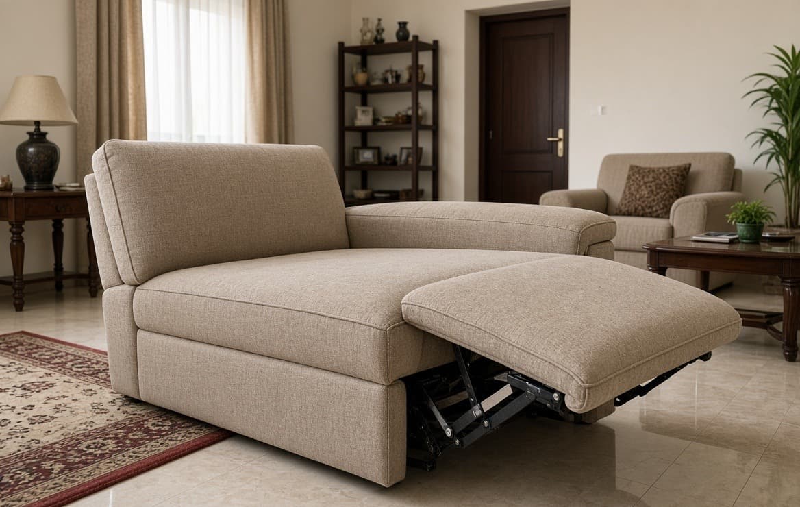 A recliner with the footrest extended and the mechanism showing underneath, taking up floor well in front of the seat