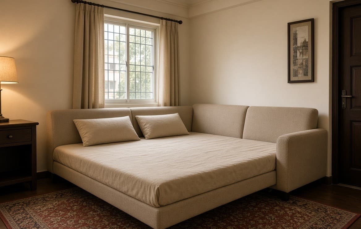 A sofa-cum-bed opened out flat in a guest room, made up with a sheet and two pillows